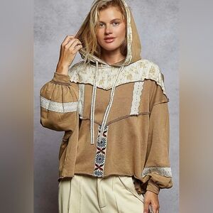 POL Tan & Cream French Terry Lace Embroidery Floral Pull Over Boho Hoodie
